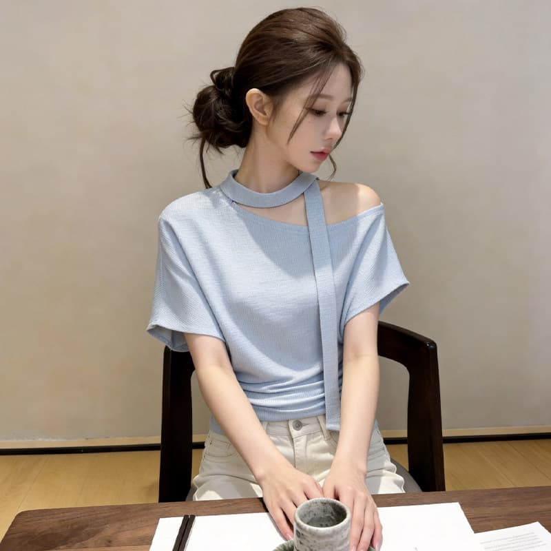 자이언트 잘 생긴 ~ 중 비스듬한 어깨 레이스업 반팔 티셔츠 여성 2026 봄 여름 새로운 디자인 센스 허리 수축 오프숄더 다용도 맨위 상세 이미지 8