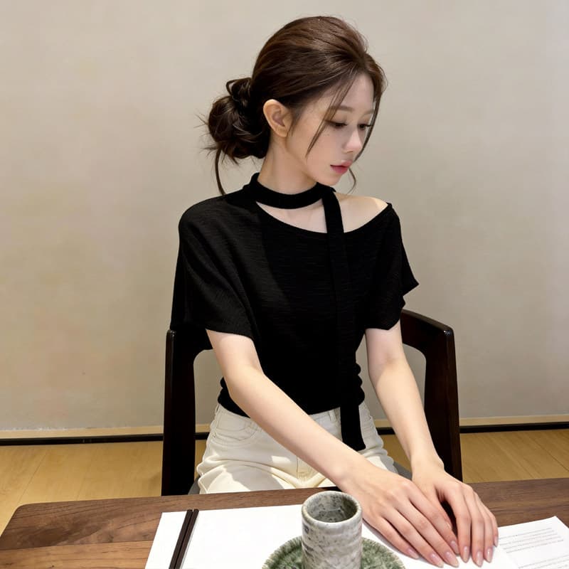 자이언트 잘 생긴 ~ 중 비스듬한 어깨 레이스업 반팔 티셔츠 여성 2026 봄 여름 새로운 디자인 센스 허리 수축 오프숄더 다용도 맨위 상세 이미지 11