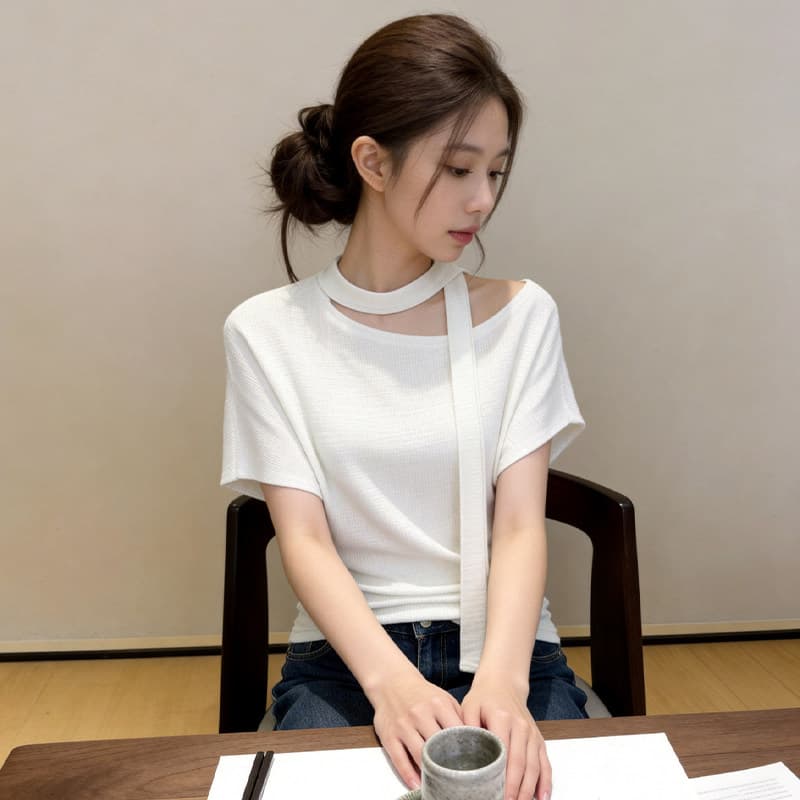 자이언트 잘 생긴 ~ 중 비스듬한 어깨 레이스업 반팔 티셔츠 여성 2026 봄 여름 새로운 디자인 센스 허리 수축 오프숄더 다용도 맨위 상세 이미지 14