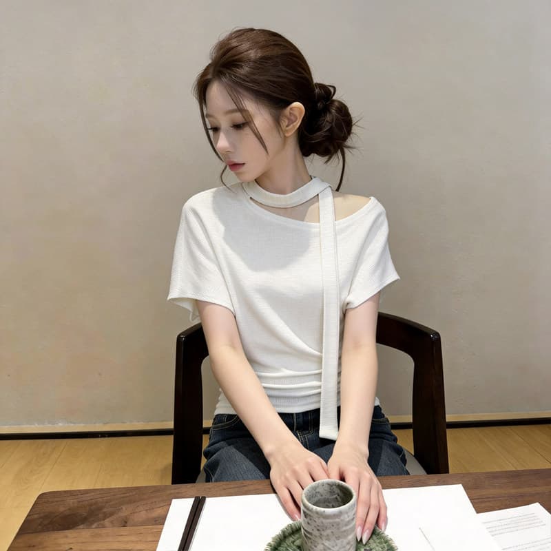자이언트 잘 생긴 ~ 중 비스듬한 어깨 레이스업 반팔 티셔츠 여성 2026 봄 여름 새로운 디자인 센스 허리 수축 오프숄더 다용도 맨위 상세 이미지 15