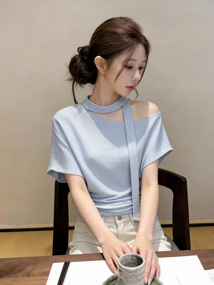자이언트 잘 생긴 ~ 중 비스듬한 어깨 레이스업 반팔 티셔츠 여성 2026 봄 여름 새로운 디자인 센스 허리 수축 오프숄더 다용도 맨위 상세 이미지 17