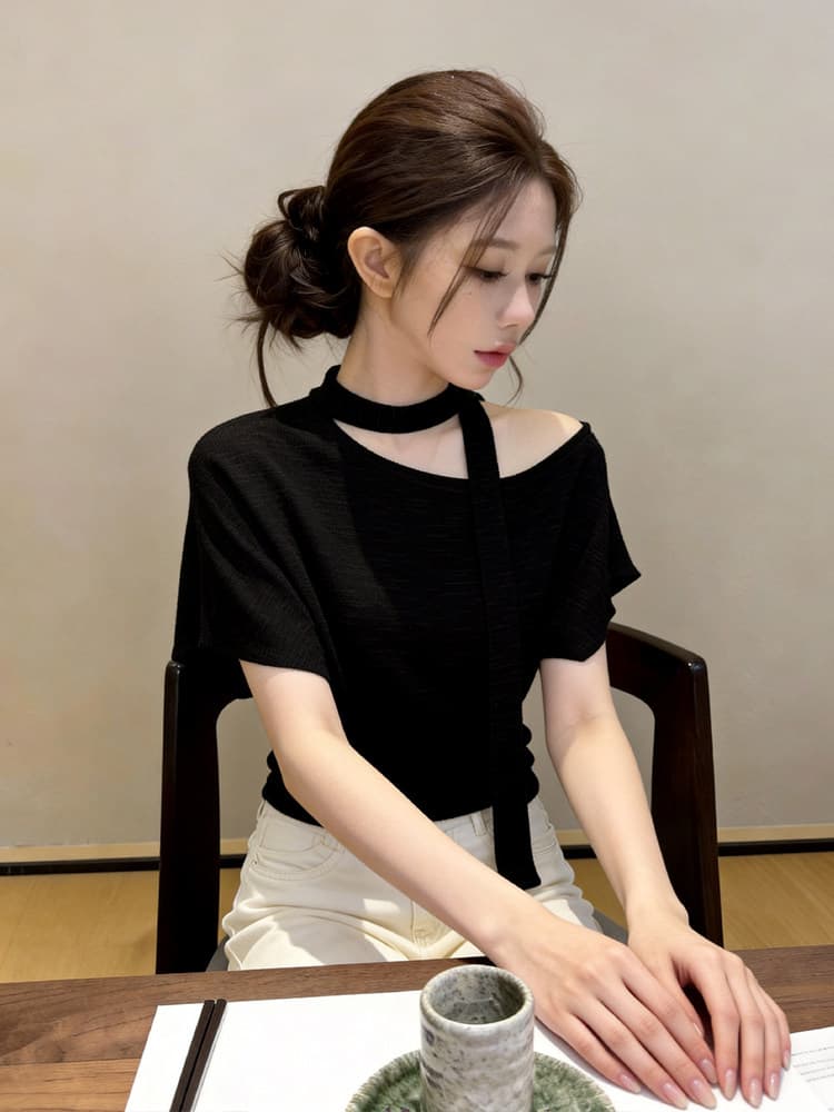 자이언트 잘 생긴 ~ 중 비스듬한 어깨 레이스업 반팔 티셔츠 여성 2026 봄 여름 새로운 디자인 센스 허리 수축 오프숄더 다용도 맨위 상세 이미지 18