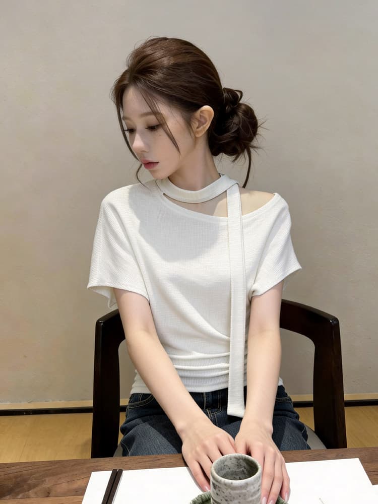 자이언트 잘 생긴 ~ 중 비스듬한 어깨 레이스업 반팔 티셔츠 여성 2026 봄 여름 새로운 디자인 센스 허리 수축 오프숄더 다용도 맨위 상세 이미지 19