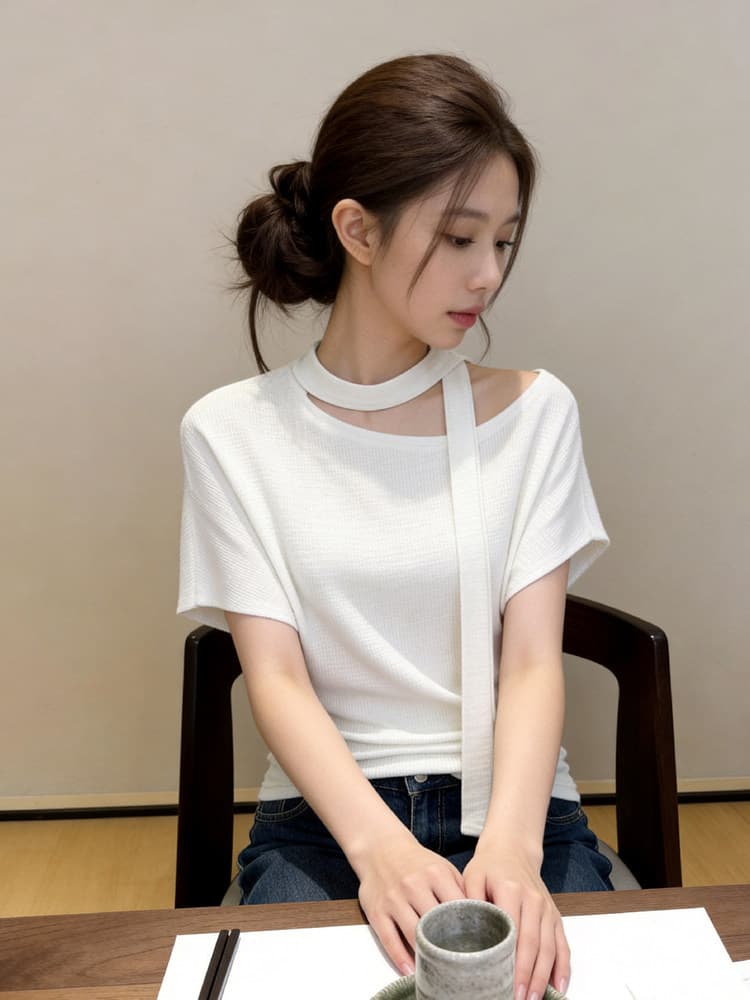 자이언트 잘 생긴 ~ 중 비스듬한 어깨 레이스업 반팔 티셔츠 여성 2026 봄 여름 새로운 디자인 센스 허리 수축 오프숄더 다용도 맨위 상세 이미지 20