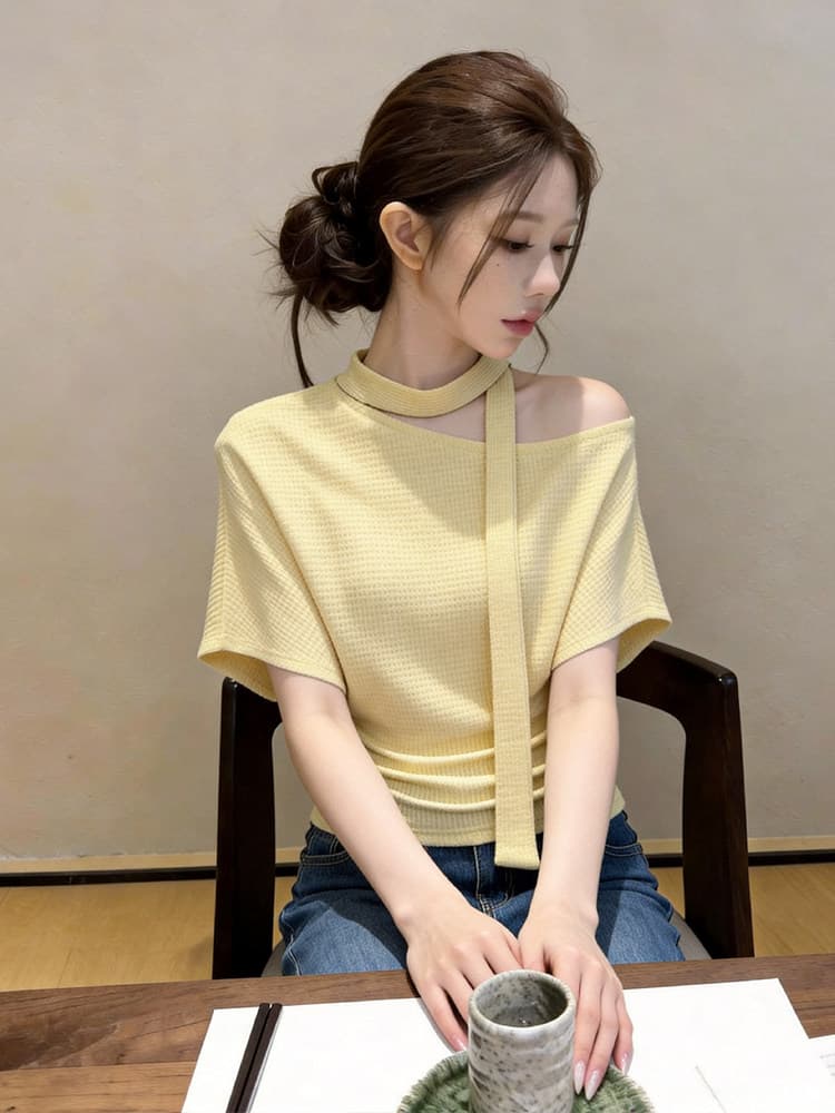 자이언트 잘 생긴 ~ 중 비스듬한 어깨 레이스업 반팔 티셔츠 여성 2026 봄 여름 새로운 디자인 센스 허리 수축 오프숄더 다용도 맨위 상세 이미지 21