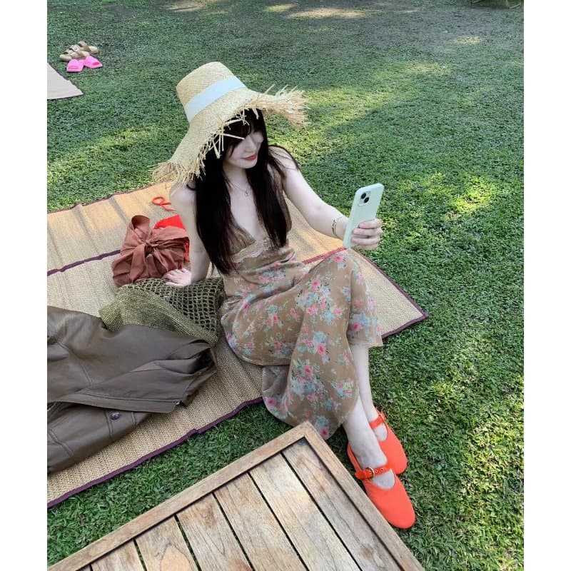 sya 크 사이 작은 웨스트 봄날 꽃밭 이른 봄 프랑스식 중년 치마 여성 프린트 비스듬한 자르다 슬립 레이스 드레스 이미지 4