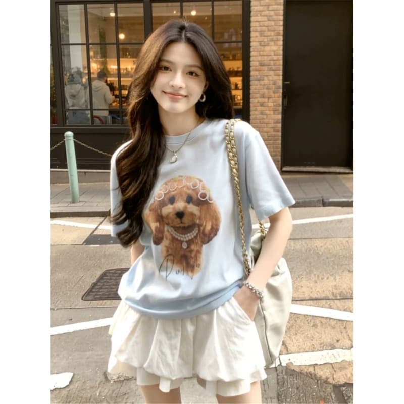 한 부서 미니멀리즘 강아지 프린트 하늘색 반팔 티셔츠 여성 2026 여름 새로운 루즈핏 맨위 디자인 작은 대중 이미지 4
