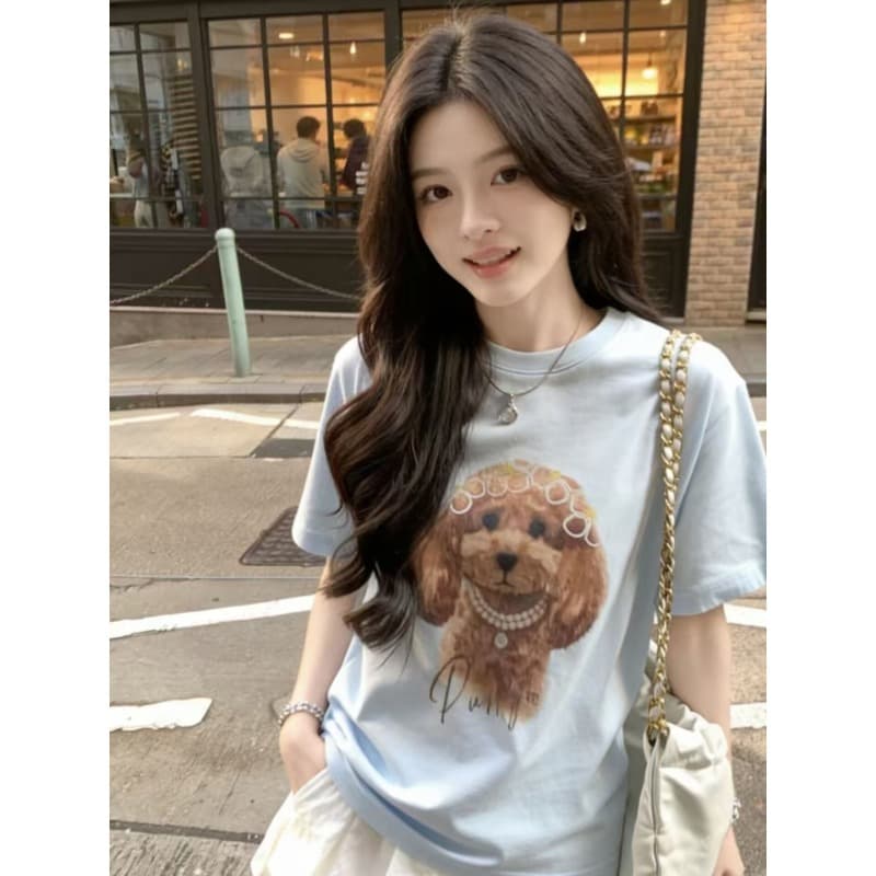 한 부서 미니멀리즘 강아지 프린트 하늘색 반팔 티셔츠 여성 2026 여름 새로운 루즈핏 맨위 디자인 작은 대중 상세 이미지 3