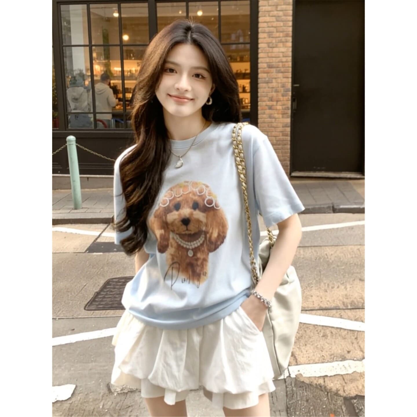 한 부서 미니멀리즘 강아지 프린트 하늘색 반팔 티셔츠 여성 2026 여름 새로운 루즈핏 맨위 디자인 작은 대중 상세 이미지 7