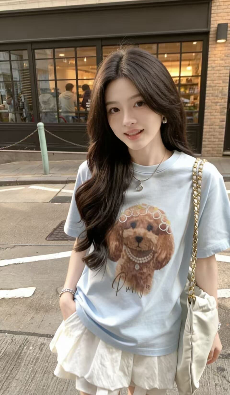 한 부서 미니멀리즘 강아지 프린트 하늘색 반팔 티셔츠 여성 2026 여름 새로운 루즈핏 맨위 디자인 작은 대중 상세 이미지 12