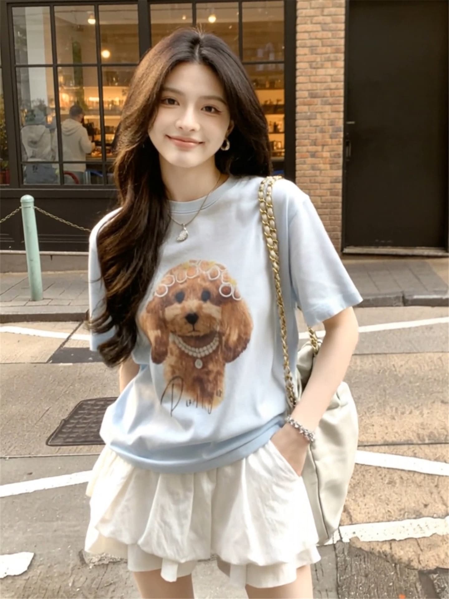 한 부서 미니멀리즘 강아지 프린트 하늘색 반팔 티셔츠 여성 2026 여름 새로운 루즈핏 맨위 디자인 작은 대중 상세 이미지 14