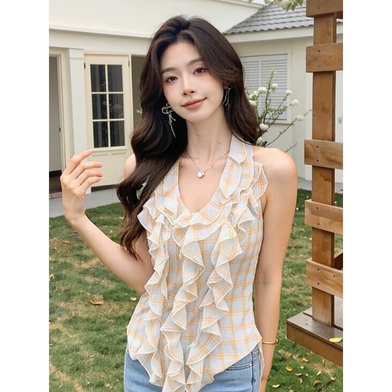 한 부서 핫걸 프릴 체크무늬 민소매 맨위 여성 2026 년 여름 새로운 외출용 작은 셔츠 디자인 센스 작은 대중 상세 이미지 3