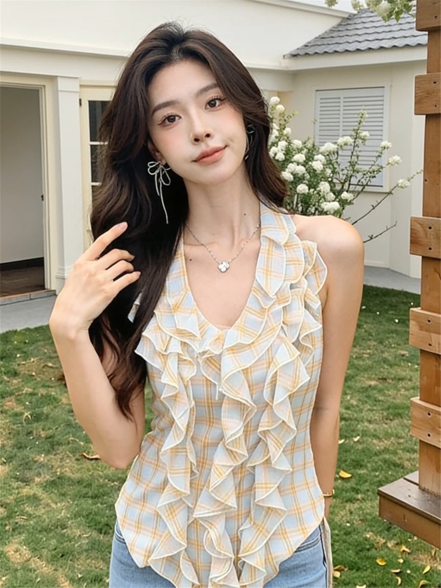 한 부서 핫걸 프릴 체크무늬 민소매 맨위 여성 2026 년 여름 새로운 외출용 작은 셔츠 디자인 센스 작은 대중 상세 이미지 12