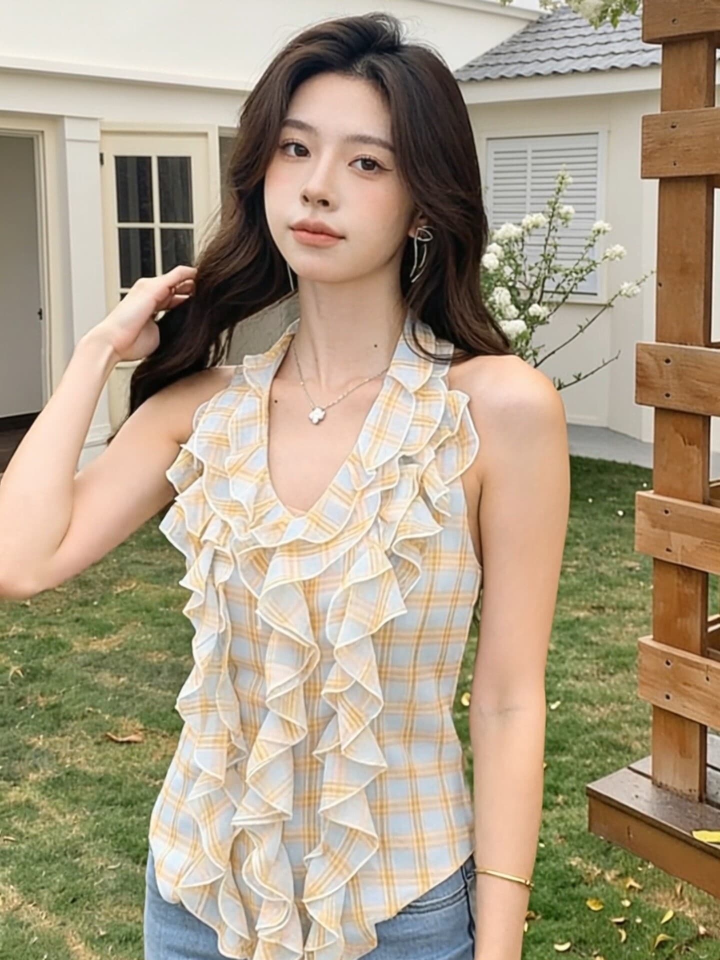 한 부서 핫걸 프릴 체크무늬 민소매 맨위 여성 2026 년 여름 새로운 외출용 작은 셔츠 디자인 센스 작은 대중 상세 이미지 13