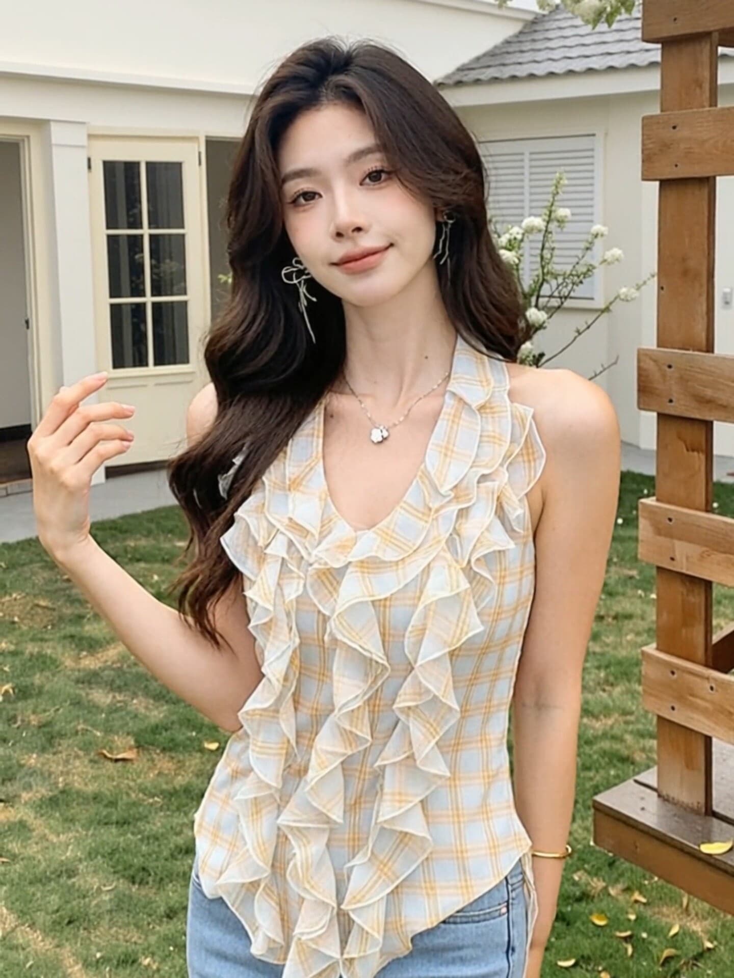 한 부서 핫걸 프릴 체크무늬 민소매 맨위 여성 2026 년 여름 새로운 외출용 작은 셔츠 디자인 센스 작은 대중 상세 이미지 14