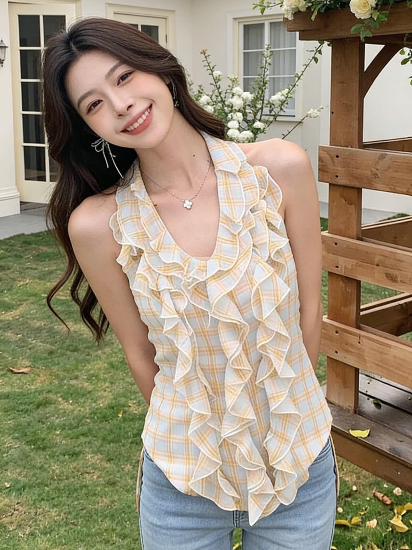 한 부서 핫걸 프릴 체크무늬 민소매 맨위 여성 2026 년 여름 새로운 외출용 작은 셔츠 디자인 센스 작은 대중 상세 이미지 16