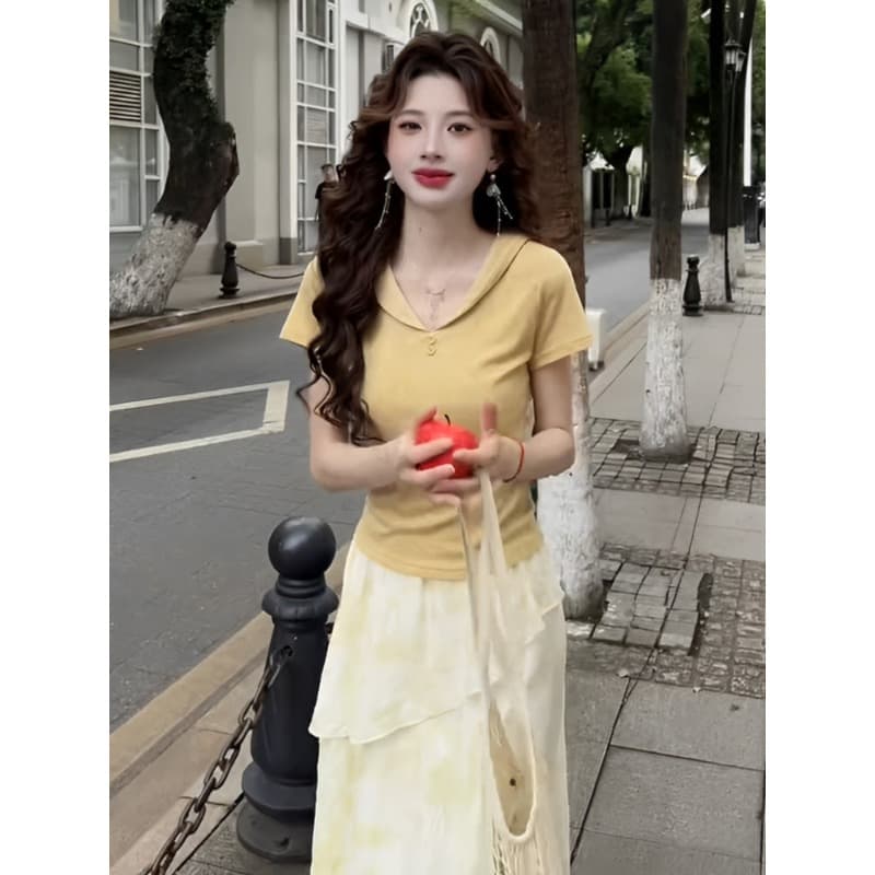 프랑스식 우유 황색 베이비 칼라 쇼트 스타일 맨위 여성 2025 년 여름 새로운 반팔 티셔츠 디자인 센스 작은 대중 상세 이미지 4