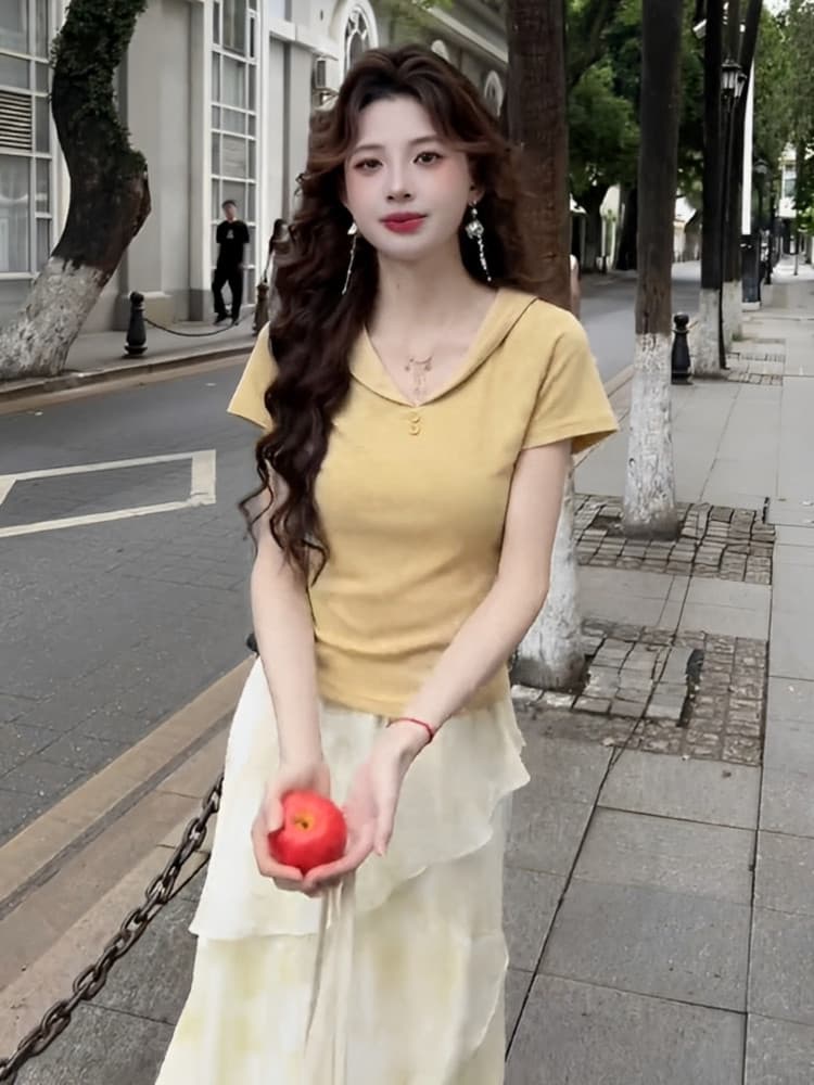 프랑스식 우유 황색 베이비 칼라 쇼트 스타일 맨위 여성 2025 년 여름 새로운 반팔 티셔츠 디자인 센스 작은 대중 상세 이미지 14