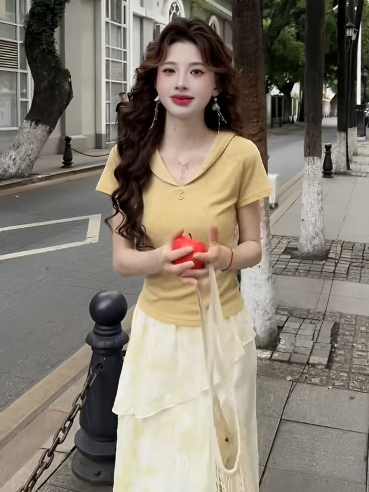 프랑스식 우유 황색 베이비 칼라 쇼트 스타일 맨위 여성 2025 년 여름 새로운 반팔 티셔츠 디자인 센스 작은 대중 상세 이미지 15