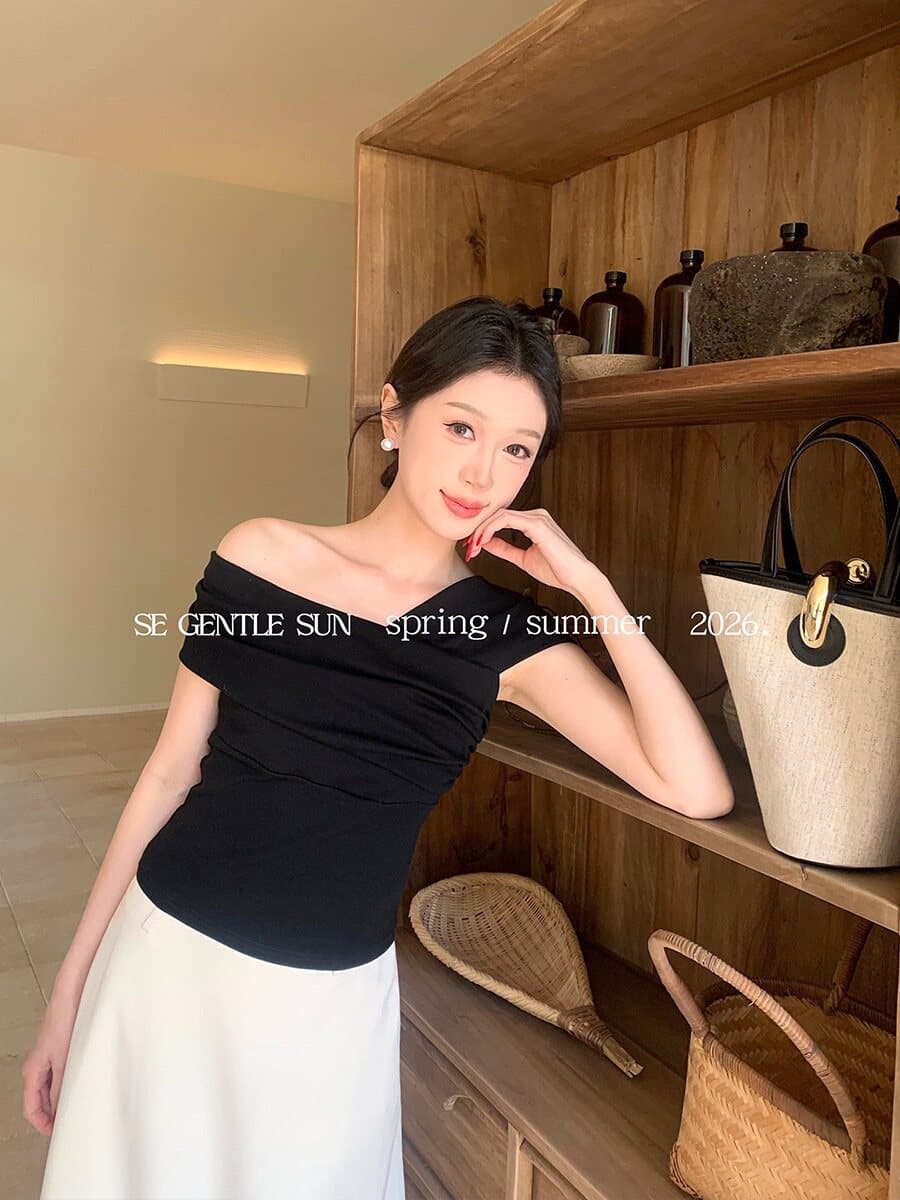 보여주기 희 희 2026 새로운 품격 오프숄더 몸매 가꾸기 니트 스웨터 오프숄더 반팔 티셔츠 여성 상세 이미지 48