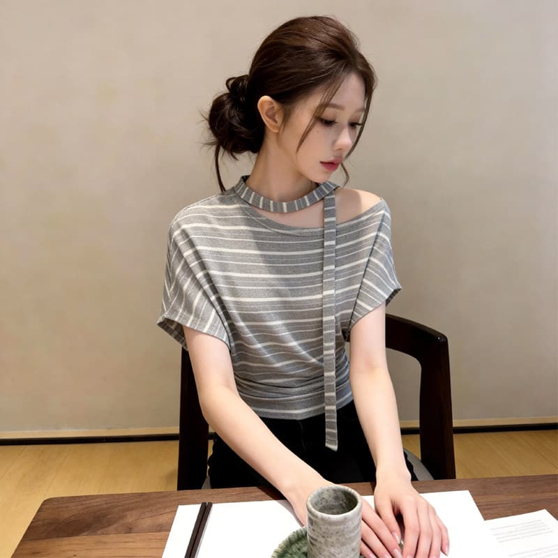 레트로 스트라이프 비스듬한 어깨 행침 목 반팔 티셔츠 여성 여름 패션 품격 다용도 동정 고유 한 아름다운 ~ 중 맨위 이미지 5