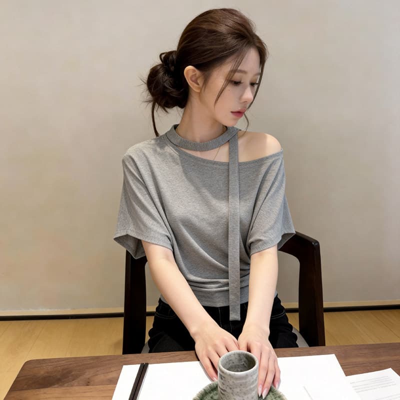 레트로 스트라이프 비스듬한 어깨 행침 목 반팔 티셔츠 여성 여름 패션 품격 다용도 동정 고유 한 아름다운 ~ 중 맨위 상세 이미지 13