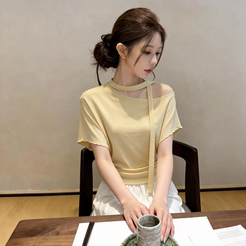 레트로 스트라이프 비스듬한 어깨 행침 목 반팔 티셔츠 여성 여름 패션 품격 다용도 동정 고유 한 아름다운 ~ 중 맨위 상세 이미지 16