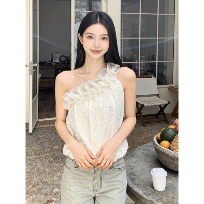 자이언트 잘 생긴 ~ 중 핫걸 레이스 레이스 비스듬한 어깨 의류 여성 2026 여름 새로운 쉬폰 작은 셔츠 디자인 센스 작은 대중 이미지 5