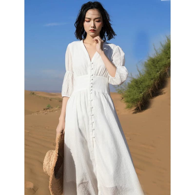 2026 봄 여름 새로운 레트로 프랑스식 허리 수축 드레스 V넥 슬림해 보이는 품격 단추 휴가 롱 스커트 요정 이미지 2