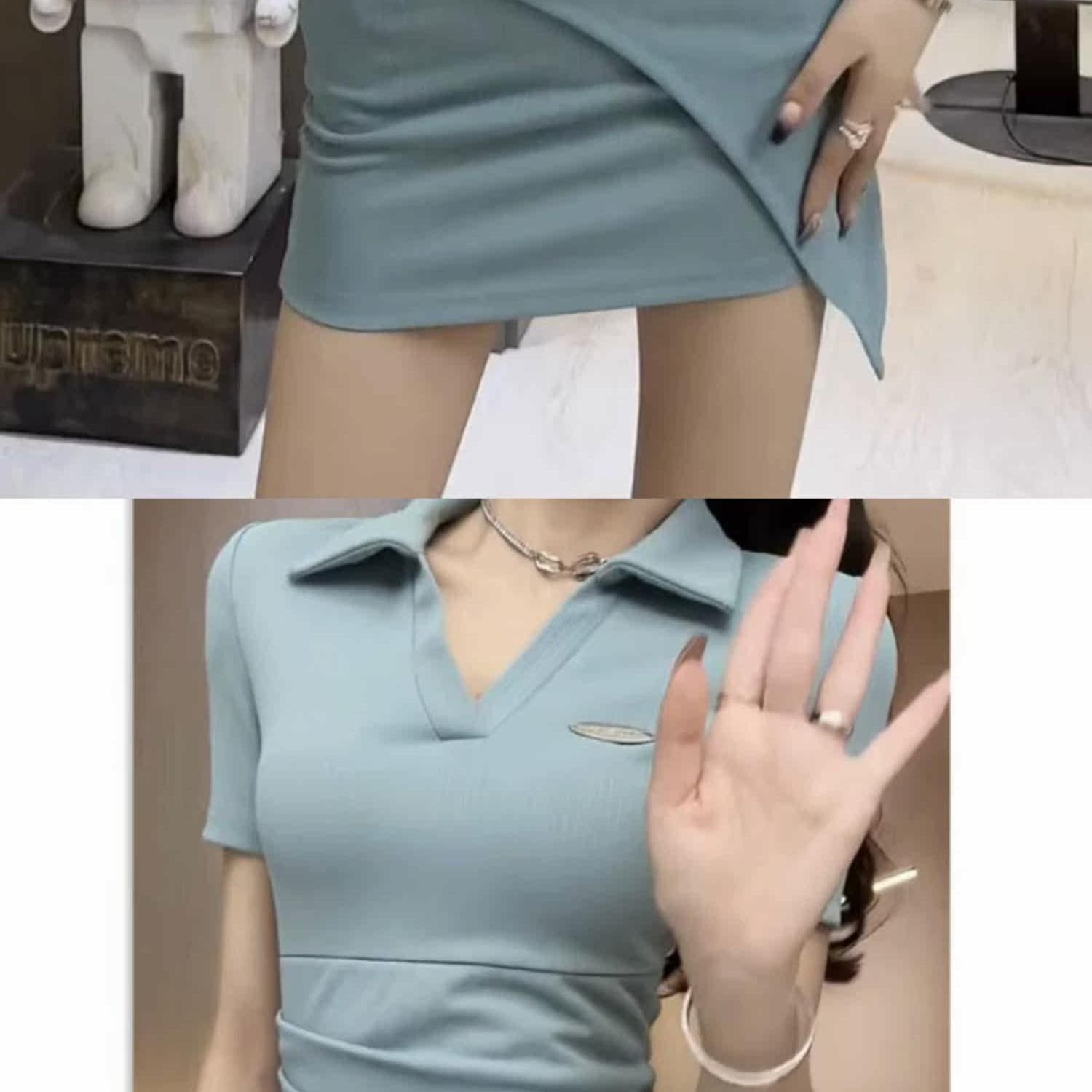 핫걸 순수한 욕망 바람이 아닙니다. 규칙 여성 드레스 여름 작은 키 POLO 칼라 허리 수축 슬림해 보이는 반팔 타이트 스커트 트렌디 이미지 6