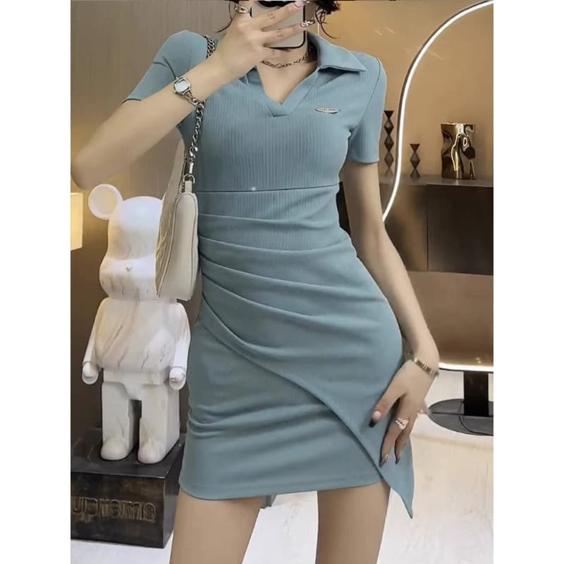 핫걸 순수한 욕망 바람이 아닙니다. 규칙 여성 드레스 여름 작은 키 POLO 칼라 허리 수축 슬림해 보이는 반팔 타이트 스커트 트렌디 상세 이미지 4
