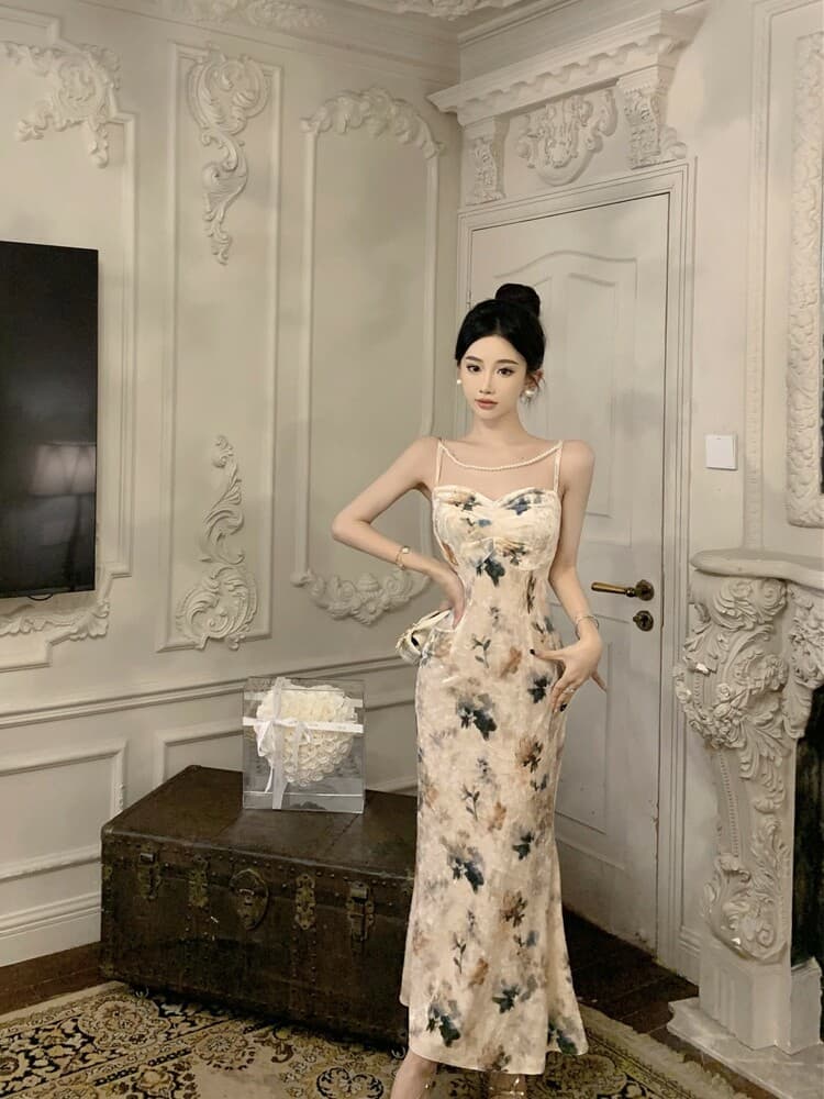여신 팬 품격 벨벳 슬립 여성 드레스 새로운 2026 년 여름 몸매 가꾸기 허리 수축 패치워크 진주 롱 스커트 상세 이미지 28