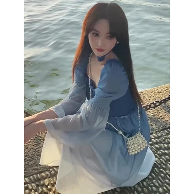 캄파넬라 세과 차 휴식 프랑스식 드레스 2026 이른 봄 새로운 그라데이션 부드러운 허리 수축 품격 롱 스커트 긴팔 치마 아이들 이미지 5