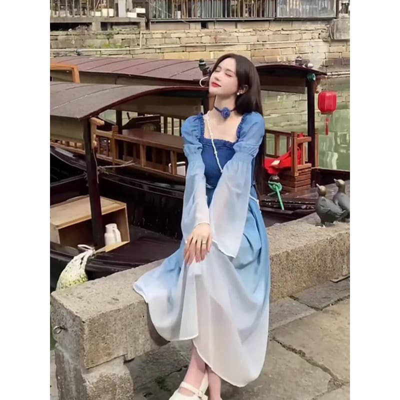 캄파넬라 세과 차 휴식 프랑스식 드레스 2026 이른 봄 새로운 그라데이션 부드러운 허리 수축 품격 롱 스커트 긴팔 치마 아이들 상세 이미지 5