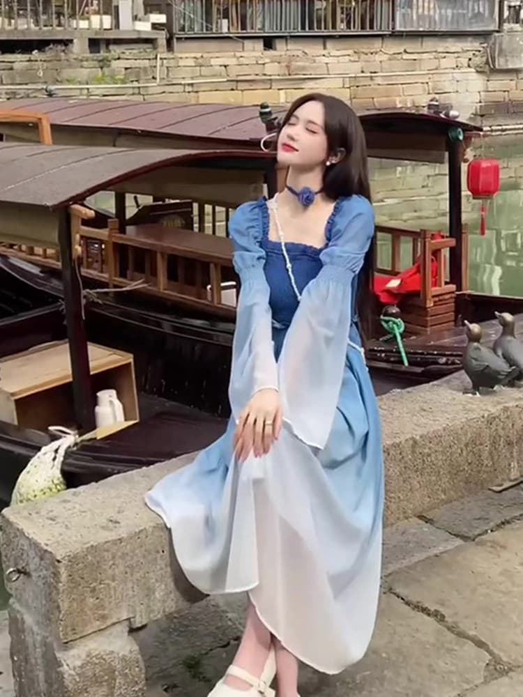 캄파넬라 세과 차 휴식 프랑스식 드레스 2026 이른 봄 새로운 그라데이션 부드러운 허리 수축 품격 롱 스커트 긴팔 치마 아이들 상세 이미지 23