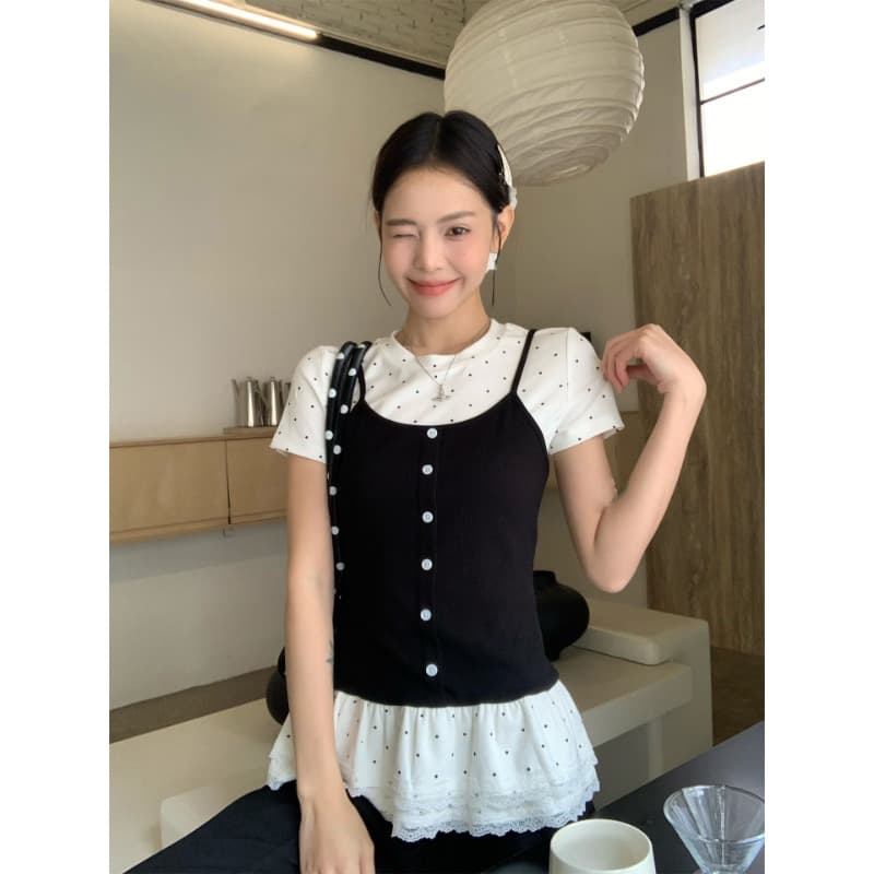 송 긍정적 인 En 페이크 레이어드 긍정적 인 어깨 반팔 티셔츠 여성 여름 발레 바람 몸매 가꾸기 슬림해 보이는 다용도 아름다운 도트 무늬 맨위 상세 이미지 4