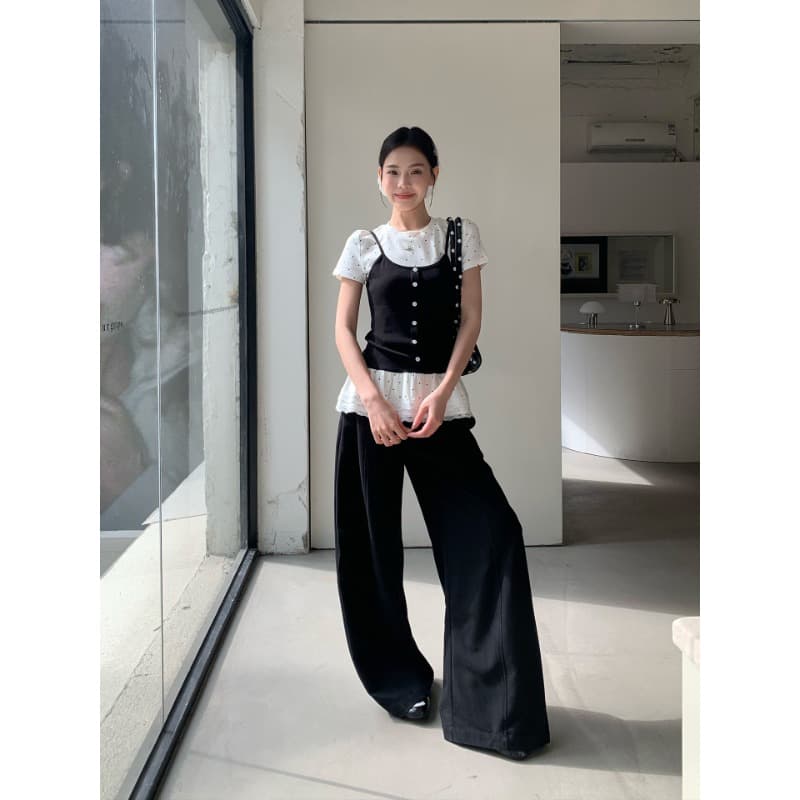 송 긍정적 인 En 페이크 레이어드 긍정적 인 어깨 반팔 티셔츠 여성 여름 발레 바람 몸매 가꾸기 슬림해 보이는 다용도 아름다운 도트 무늬 맨위 상세 이미지 5