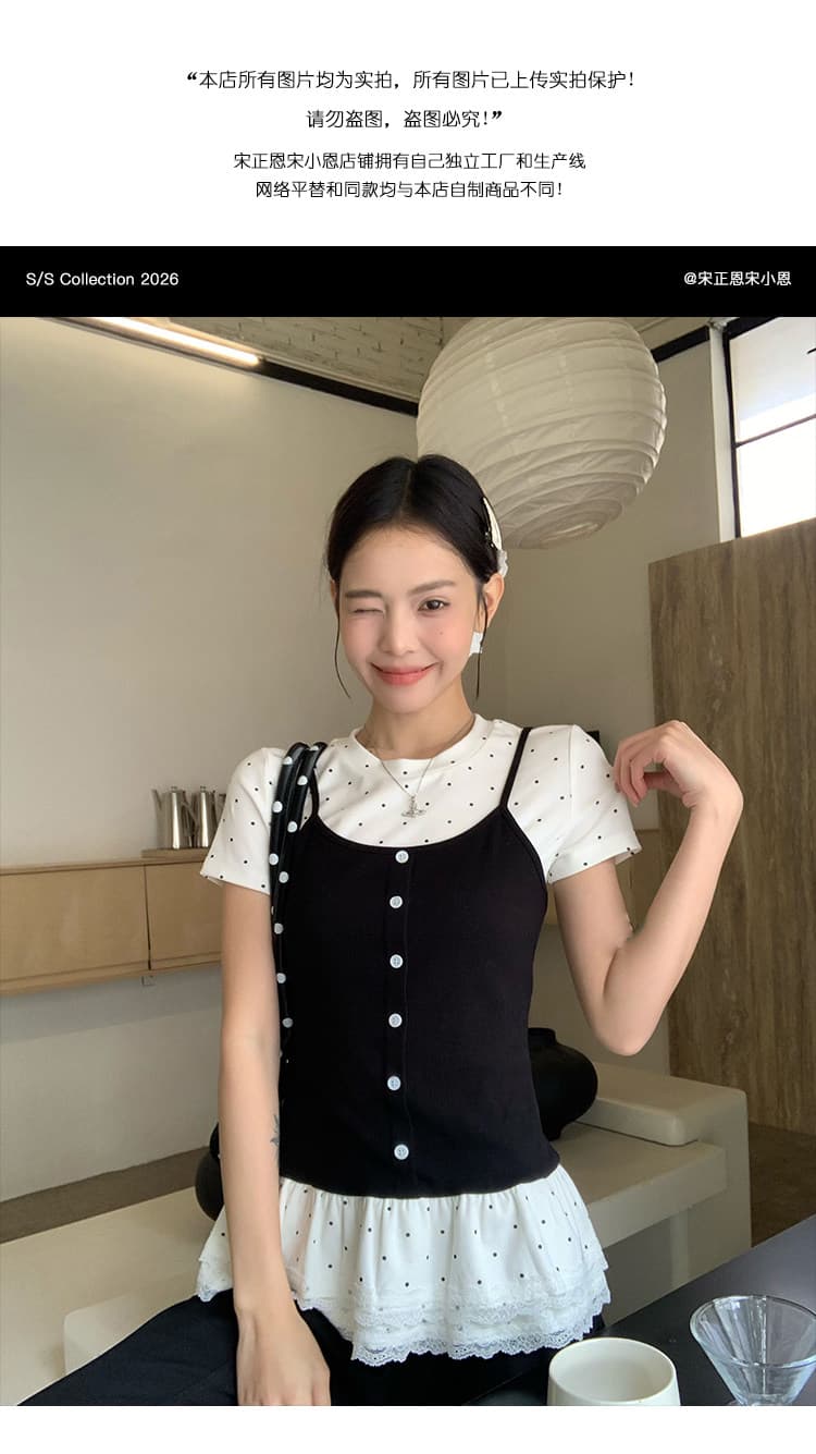 송 긍정적 인 En 페이크 레이어드 긍정적 인 어깨 반팔 티셔츠 여성 여름 발레 바람 몸매 가꾸기 슬림해 보이는 다용도 아름다운 도트 무늬 맨위 상세 이미지 12