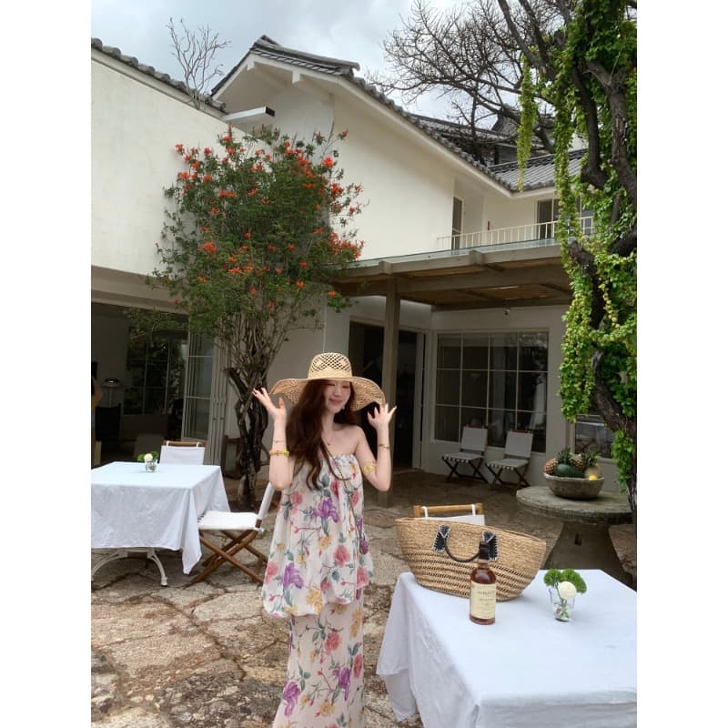 sya 크 사이 작은 웨스트 모네 정원 레트로 꽃무늬 튜브탑 세트 여성 여름 부드러운 인어 꼬리 반 스커트 투피스 세트 이미지 5