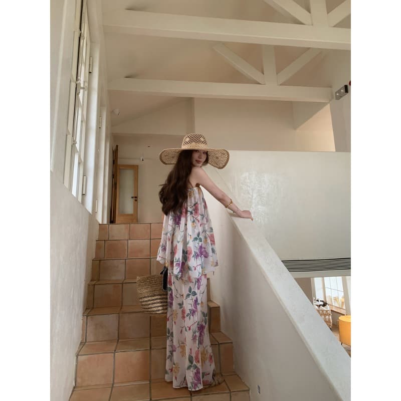 sya 크 사이 작은 웨스트 모네 정원 레트로 꽃무늬 튜브탑 세트 여성 여름 부드러운 인어 꼬리 반 스커트 투피스 세트 상세 이미지 7