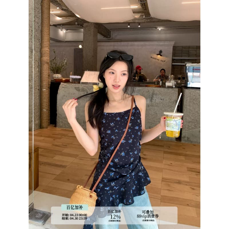 우 77 달콤함 품격 불규칙 꽃무늬 슬립 여성 디자인 센스 프릴 리본 슬림해 보이는 다용도 민소매 맨위 상세 이미지 3