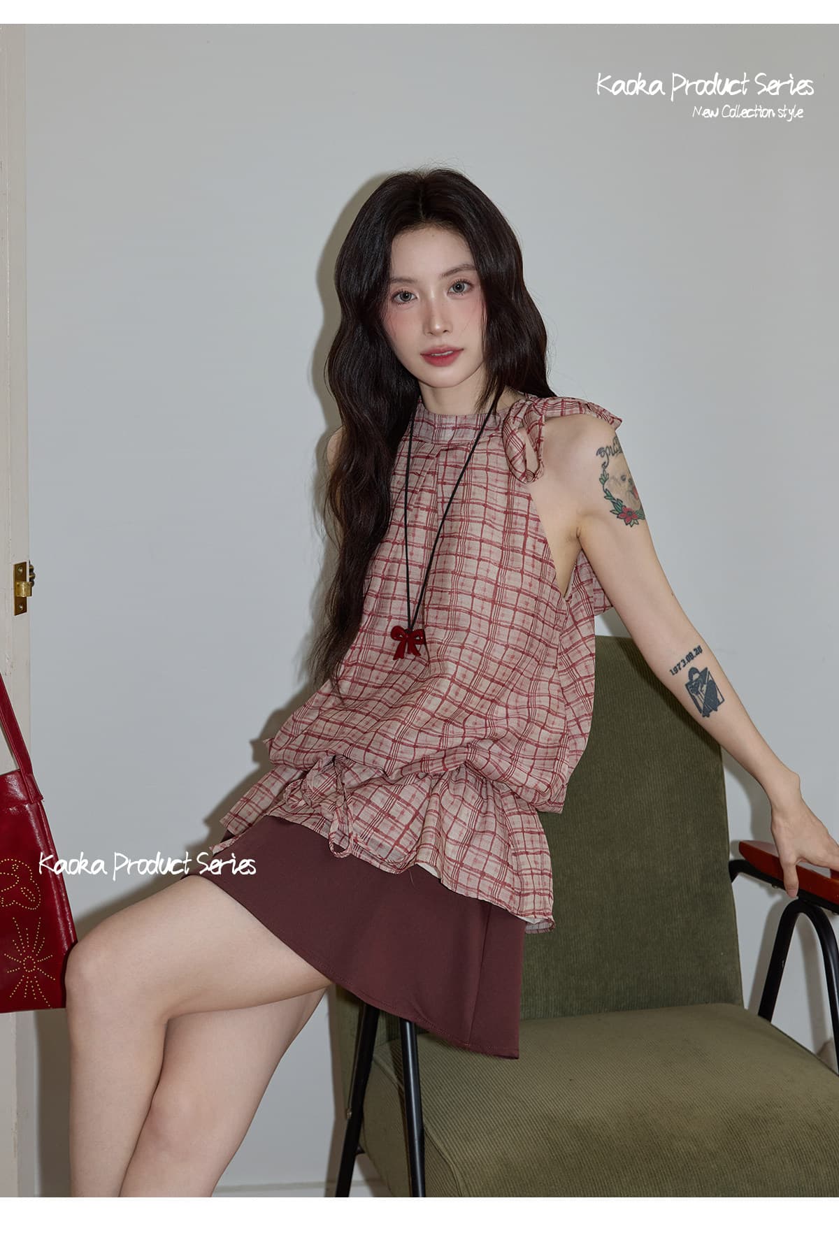 시끄러운 홈 디자인 센스 빨간색 체크무늬 행침 목 민소매 맨위 여성 여름 고급 셔츠 펌프 로프 프릴 셔츠 상세 이미지 20