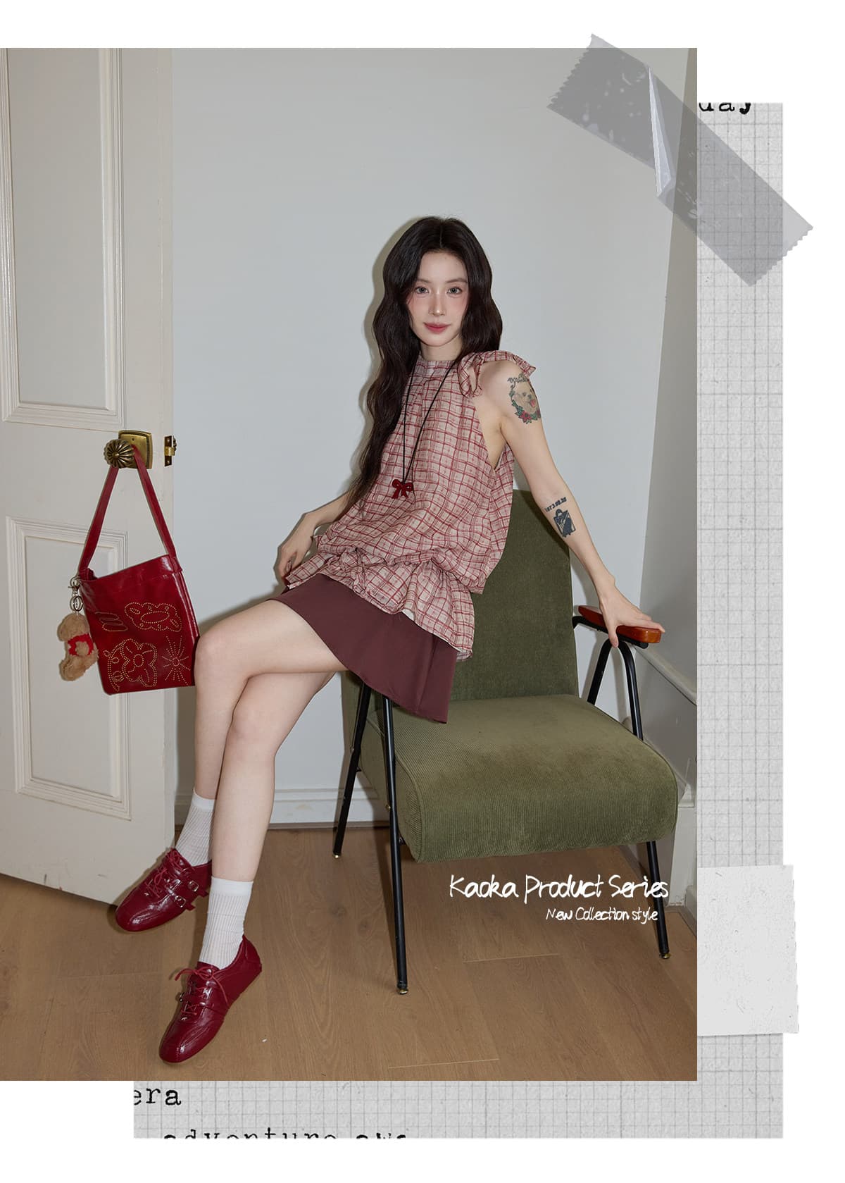 시끄러운 홈 디자인 센스 빨간색 체크무늬 행침 목 민소매 맨위 여성 여름 고급 셔츠 펌프 로프 프릴 셔츠 상세 이미지 21