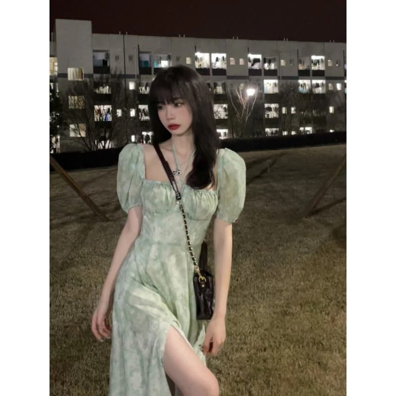 프랑스식 거품 소매 꽃무늬 치마 여성 허리 수축 영국식 바람 슬림해 보이는 거리 슛 레트로 부드러운 트임 달콤한 매운맛 튀김 거리 점프 슈트 상세 이미지 8