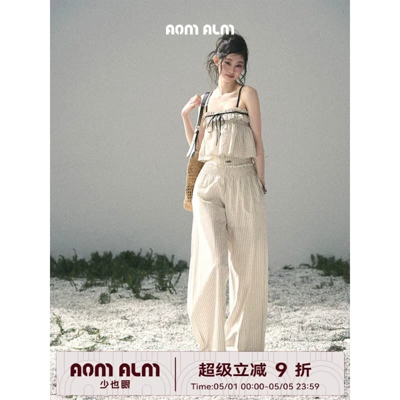 aomalm 덜 또한 눈 얕은 여름 제직 청 꿈 한 부서 캐주얼 스트라이프 세트 여성 여름 맨위 긴 바지 투피스 세트 상세 이미지 3