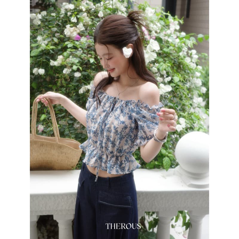 감사합니다. 아니요 고기 푹신한 거품 소매 오프숄더 수신 Pleat 꽃무늬 티셔츠 여성 여름 레트로 디자인 센스 프린트 맨위 이미지 5