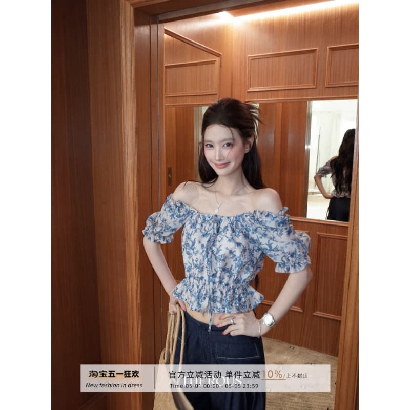 감사합니다. 아니요 고기 푹신한 거품 소매 오프숄더 수신 Pleat 꽃무늬 티셔츠 여성 여름 레트로 디자인 센스 프린트 맨위 상세 이미지 2