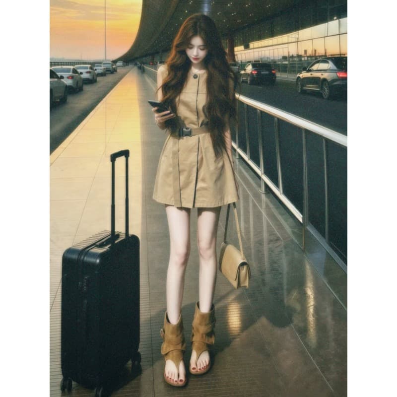 프랑스식 레트로 카키 색 조끼 여성 드레스 여름 2026 새로운 자이언트 잘 생긴 허리 수축 한 마디 워크웨어 미니 스커트 상세 이미지 2