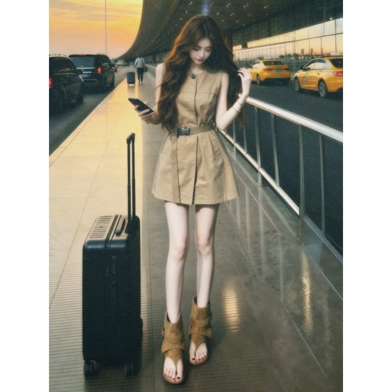 프랑스식 레트로 카키 색 조끼 여성 드레스 여름 2026 새로운 자이언트 잘 생긴 허리 수축 한 마디 워크웨어 미니 스커트 상세 이미지 5