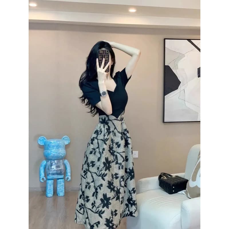 초여름 아름다운 아니요 명중 섹션 여성 드레스 Chic 프린트 고급 센스 빛 럭셔리 작은 대중 몸매 가꾸기 슬림해 보이는 품격 롱 스커트 이미지 5
